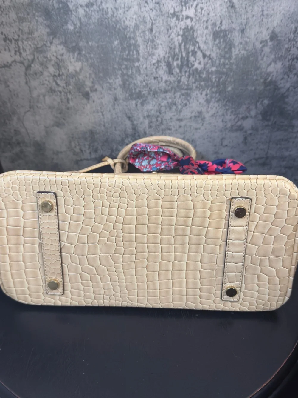 Cream Croc-Embossed Tote Bag with Gold Hardware
